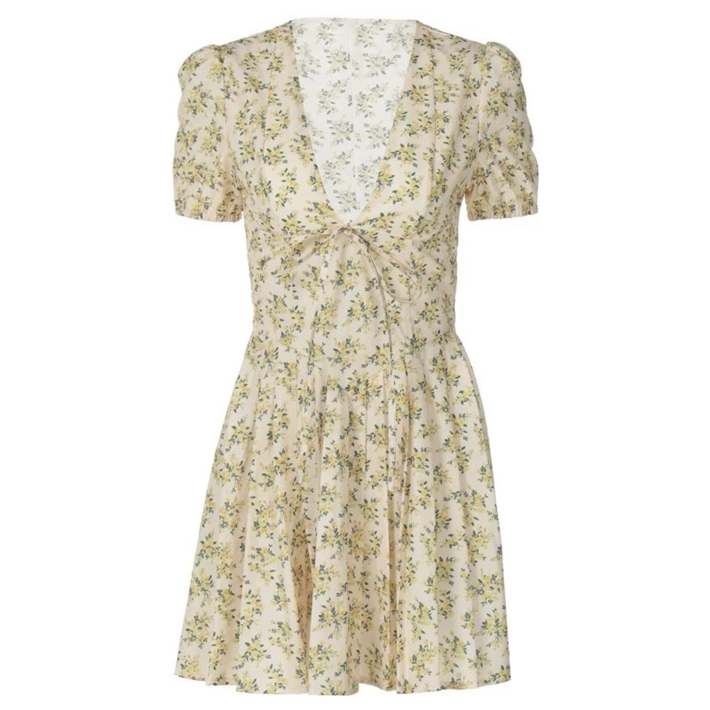 H&M Cream Floral Tie-Front Puff Sleeve Dress